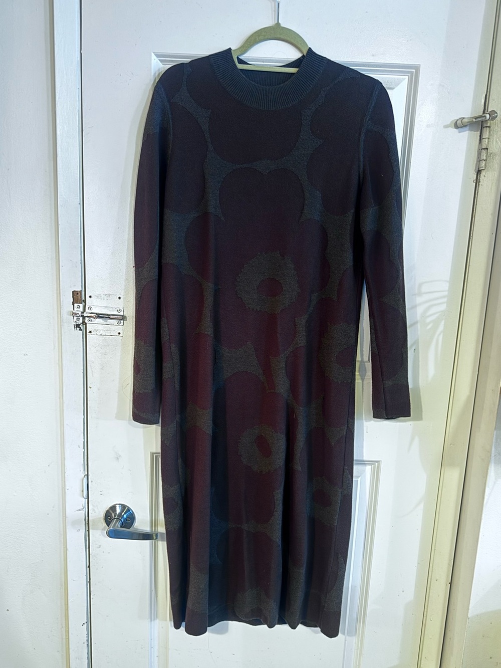 Marimekko Long-Sleeve Floral Knit Dress in Dark Plum S